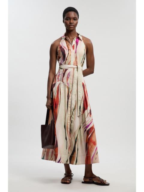 KAREN MILLEN Petite Marble Print Cotton Collared Halterneck Woven Midi Shirt Dress With Dropped Waist Detail