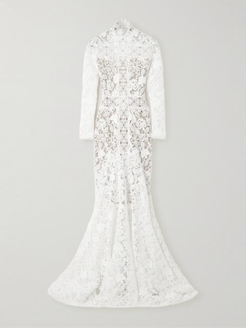 COSTARELLOS Alessa Cutout Corded Lace And Tulle Turtleneck Gown