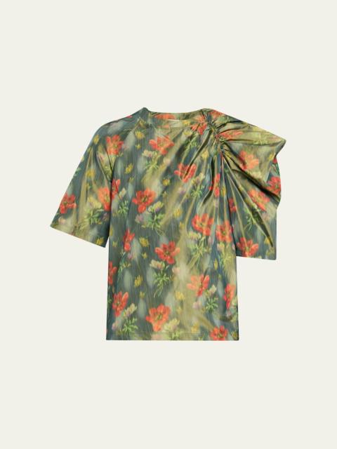 Loewe Floral Taffeta Asymmetric Puff Shoulder Top
