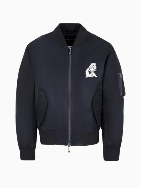 EMPORIO ARMANI Shiny nylon bomber jacket with French bulldog embroidery