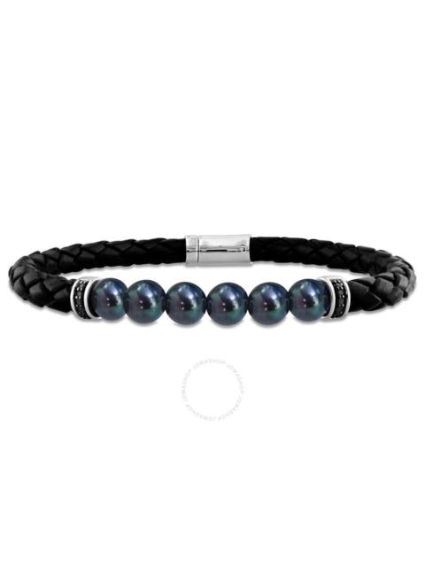 Other Designers AMOUR 7.5-8mm Men's Black Cultured Freshwater Pearl Braided Black Leather Bracelet with Diamond Acce