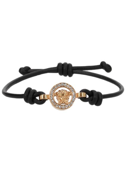 VERSACE LEATHER BRACELET WITH LOGO AND RHINESTONES