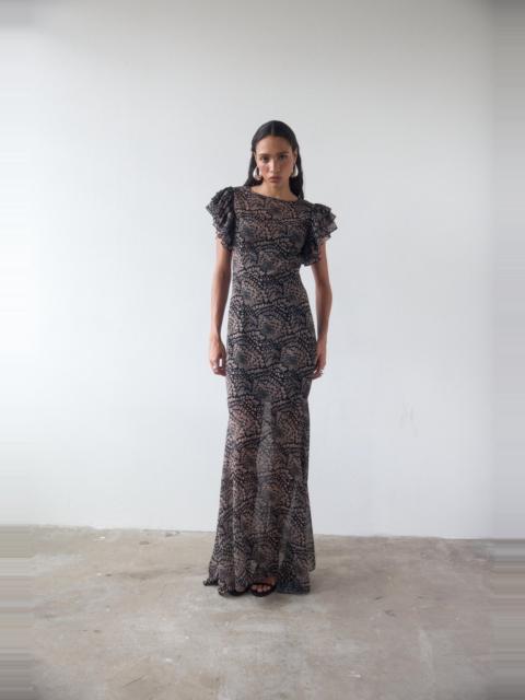 De La Vali BOUGAINVILLEA CHIFFON MAXI DRESS IN FEATHER PRINT