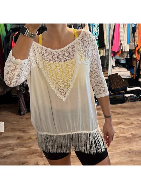 Other Designers Vintage Havana White Fringe Trim Crochet Beach Top