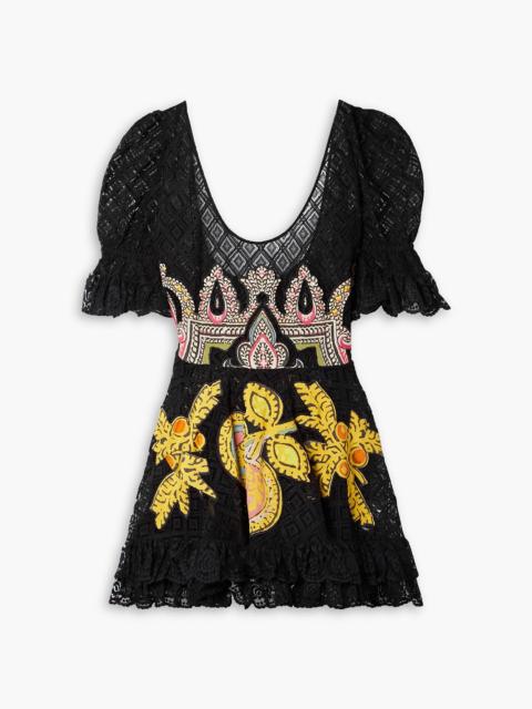 Etro Ruffled appliquéd cotton-blend lace and crepe de chine mini dress