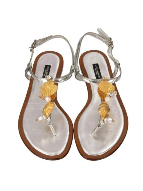 Dolce & Gabbana Shell Crystal Pearl Strap Sandals Gold Silver 38.5 8.5 12772