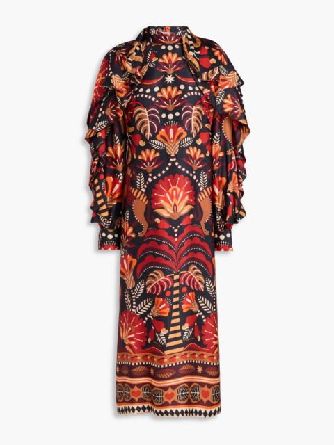 FARM RIO Ruffled printed satin midi dress