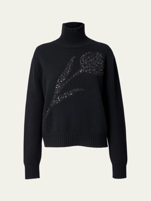 CAROLINA HERRERA Turtleneck Paillette Rose Wool-Cashmere Sweater