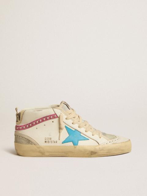 Golden Goose Women's Mid Star in leather with light blue star and fuchsia suede flash with platinum studs