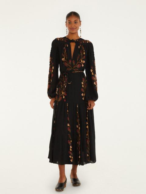 FARM RIO Black Berry Garden Long Sleeve Pleated Maxi Dress