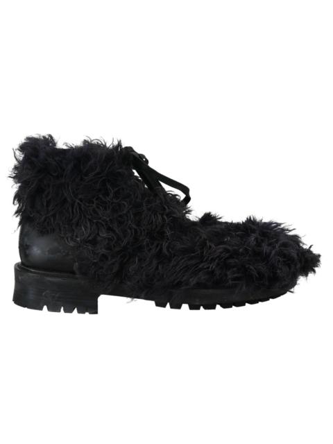 Dolce & Gabbana Black Leather Combat Shearling Boots Shoes