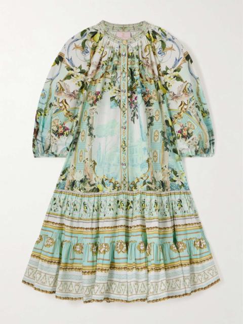 + The White Lotus tiered crystal-embellished printed organic cotton-poplin mini dress Blue