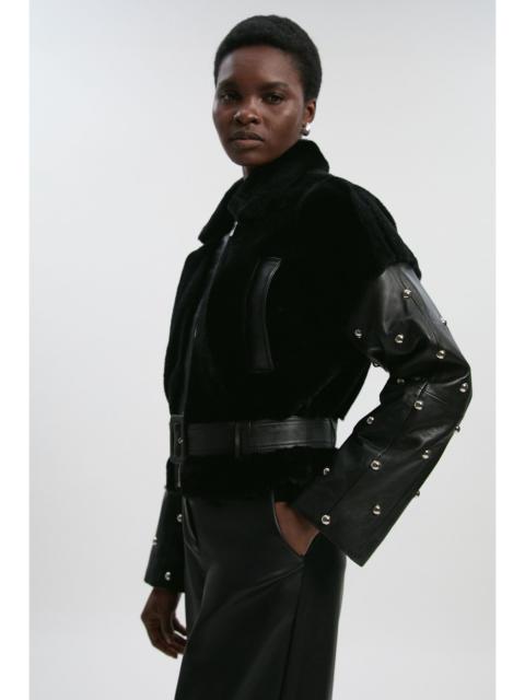 KAREN MILLEN Shearling & Leather Mix Studded Biker Jacket