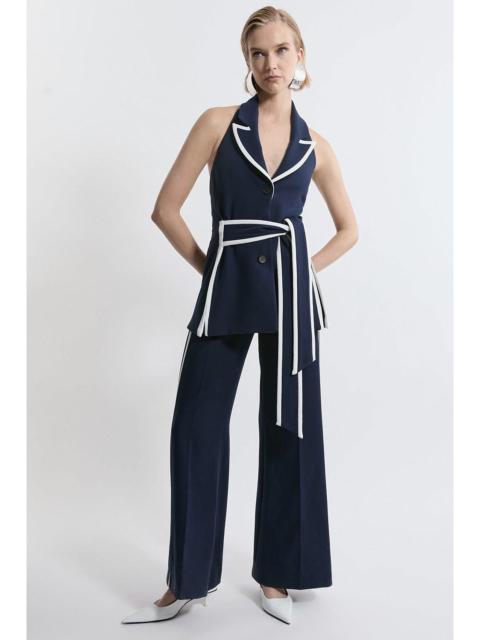 KAREN MILLEN Compact Stretch Contrast Tipped Belted Wide Leg Tailored Jumpsuit