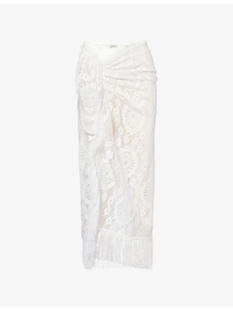 SIMKHAI Thyri Fringe-Trim Pareo Crochet Mini Skirt