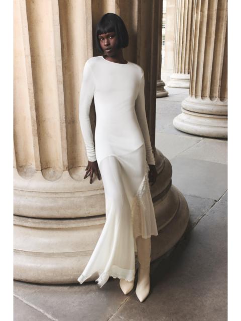 KAREN MILLEN Viscose Blend Slinky Sheer Lace Detail Asymmetric Knit Maxi Dress