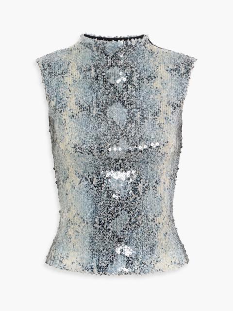 16ARLINGTON Tania snake-print sequined mesh top