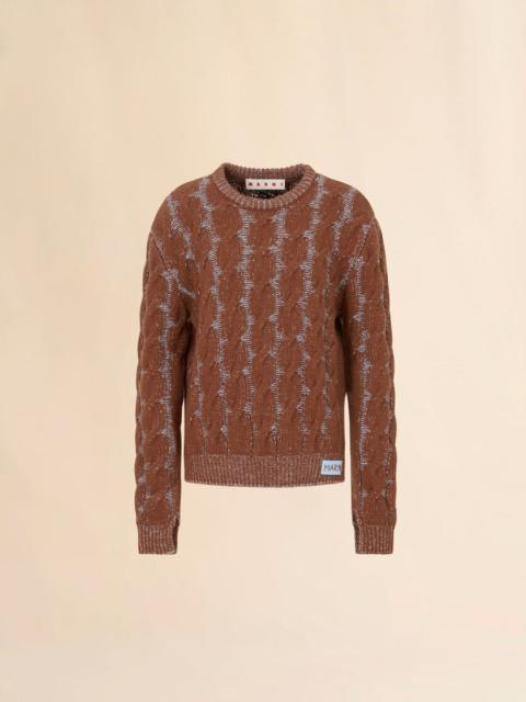 Marni BROWN MOULINÉ WOOL-VISCOSE SWEATER WITH CABLE PATTERN