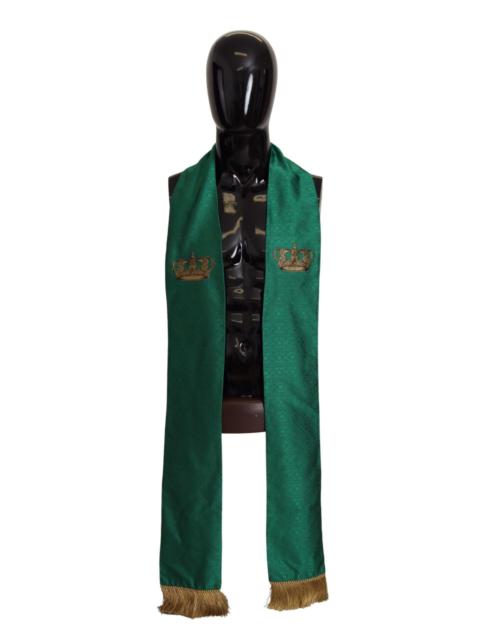 Dolce & Gabbana Green Crown Embroidered Shawl Fringe Blend Silk