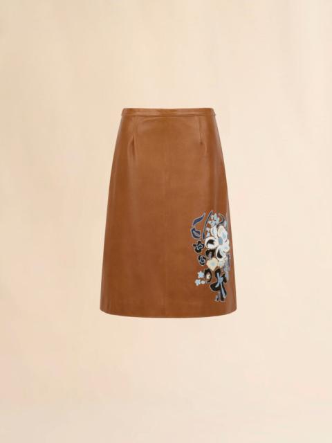 Marni BROWN LEATHER SKIRT WITH FLOWER INTARSIA
