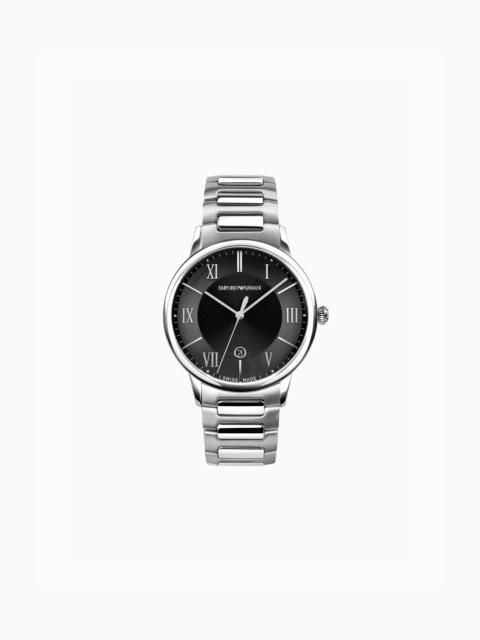 EMPORIO ARMANI SWISS MADE THREE-HAND DATE STAINLESS STEEL WATCH