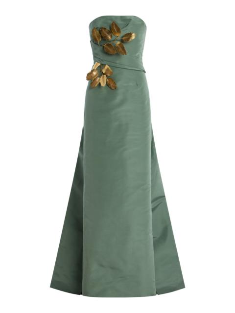 Oscar de la Renta Gold-Leaf Detailed Silk Gown dark green