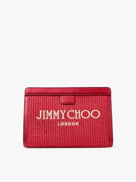 JIMMY CHOO Avenue London Pouch
Ruby Red and Light Gold Embroidered Raffia and Leather Pouch