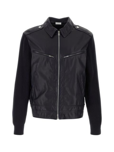 Brunello Cucinelli Blue leather and knit jacket