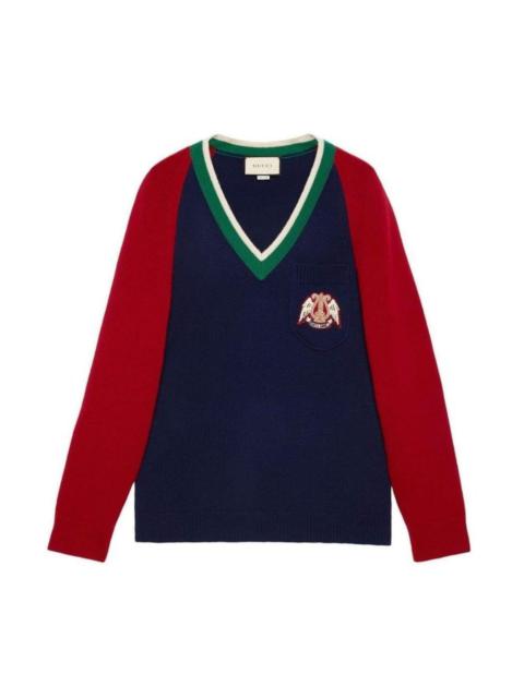 GUCCI Blue V-neck Wool Sweater With Lyre