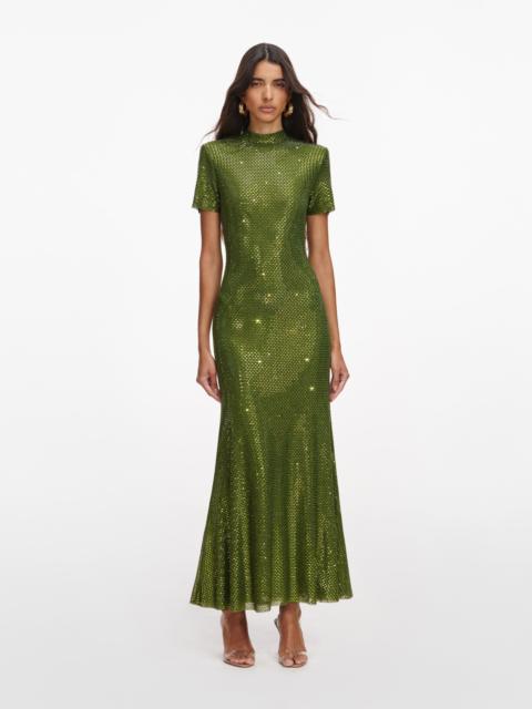 self-portrait Olive Rhinestone Mesh Midi Dress