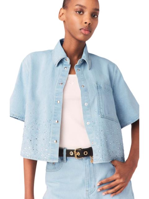 maje maje Cropped rhinestone denim shirt in Blue Sky at Nordstrom