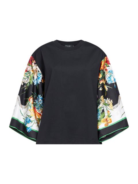 Dolce & Gabbana Black jersey T-shirt with printed scarf sleeve