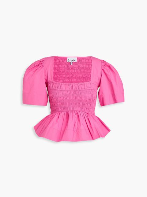 GANNI Shirred cotton-poplin peplum top