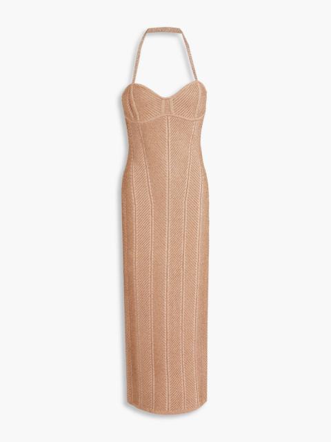 Other Designers Crystal-embellished metallic ribbed bandage halterneck midi dress