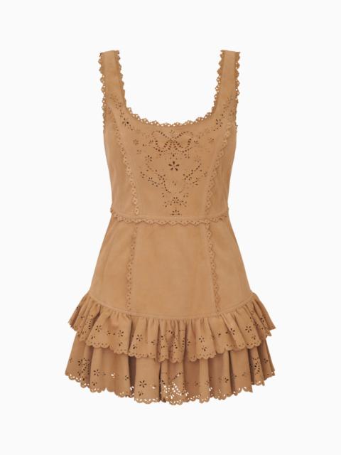 LoveShackFancy Chrysanthe Suede Eyelet Mini Dress