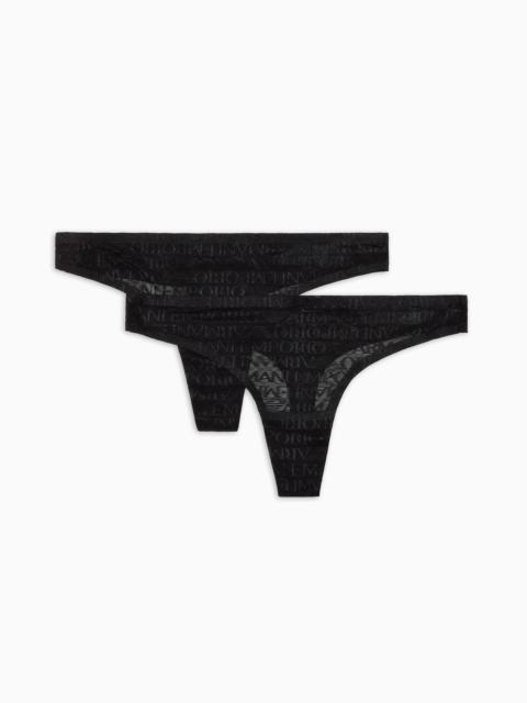 EMPORIO ARMANI TWO-PACK OF ASV RECYCLED-MESH THONGS WITH ALL-OVER LOGO LETTERING