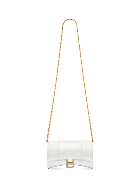 BALENCIAGA Women's Hourglass Wallet With Chain Crocodile Embossed in White