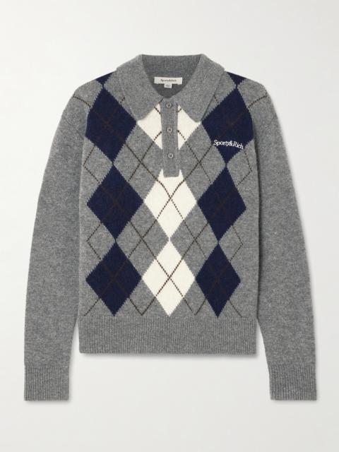 Sporty & Rich Embroidered Argyle Cashmere And Wool-blend Polo Sweater