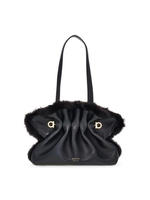 FERRAGAMO Soft Small Shearling-Trimmed Leather Shoulder Bag black