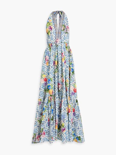 CAMILLA Crystal-embellished printed cotton-poplin halterneck maxi dress