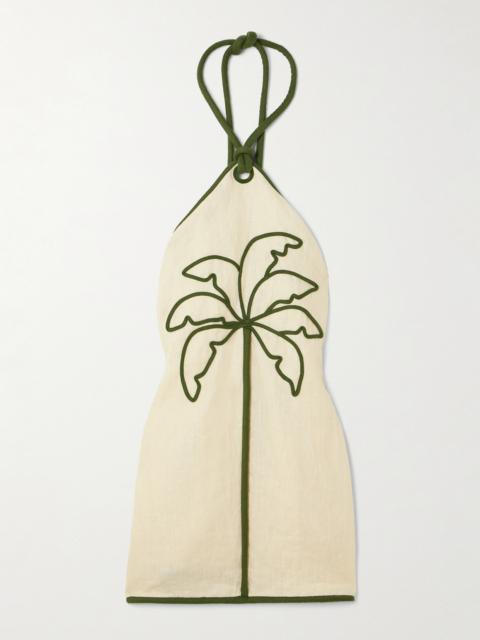 FARM RIO Appliquéd Linen Halterneck Mini Dress