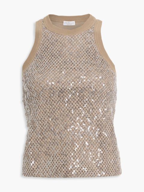 Brunello Cucinelli Sequin-embellished cotton-blend jersey and tulle tank
