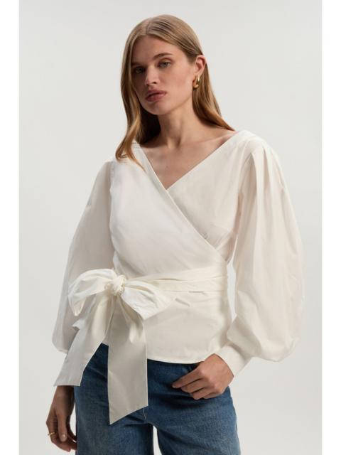 KAREN MILLEN Cotton Poplin Cold Shoulder Woven Wrap Detail Blouse