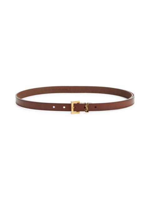 SAINT LAURENT Saint Laurent Cassandre Logo Skinny Leather Belt in Dark Wet Clay at Nordstrom