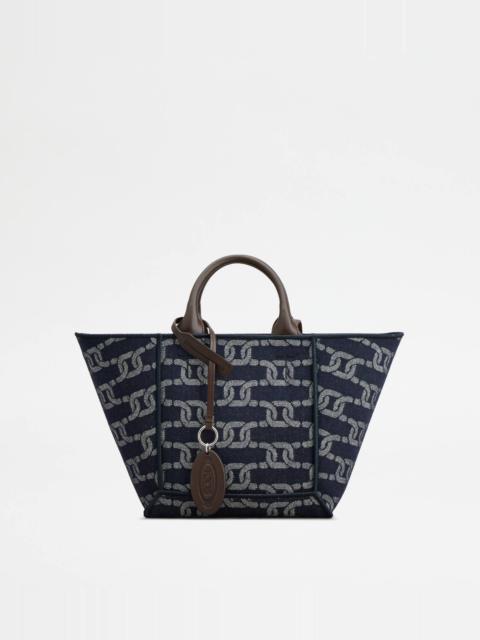 Tod's TOD'S DOUBLE UP SHOPPING BAG IN DENIM AND LEATHER SMALL - BROWN, BLUE