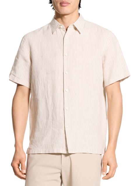 Theory Irving Stripe Short Sleeve Linen Button-Up Shirt in Chino/White at Nordstrom