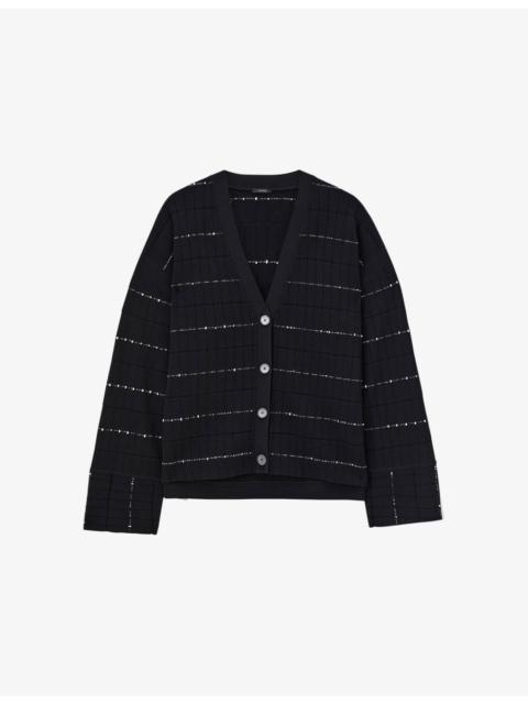 JOSEPH Fragmented Stripe V-Neck Stretch-Knit Cardigan