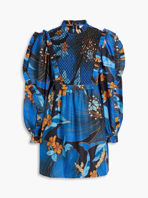 FARM RIO Smocked floral-print cotton mini dress