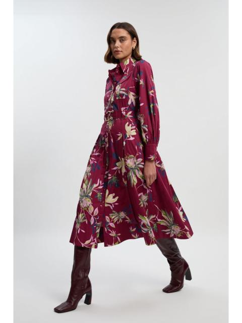 KAREN MILLEN Floral Print Cotton Sateen Woven Midi Shirt Dress