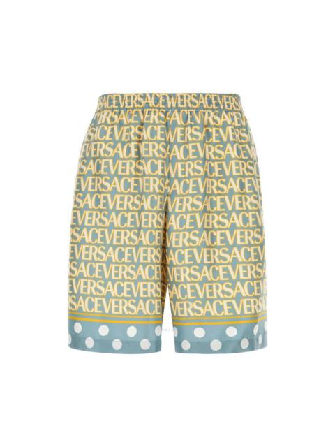 Versace Men's Light Blue/Ivory All-Over Logo Print Shorts